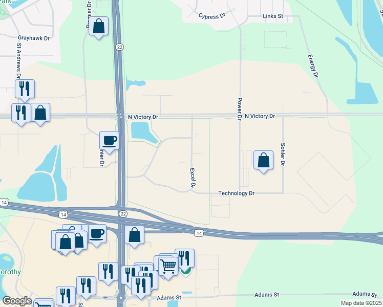 map of restaurants, bars, coffee shops, grocery stores, and more near Excel Drive in Mankato