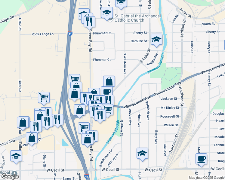 map of restaurants, bars, coffee shops, grocery stores, and more near 1007 South Lake Street in Neenah