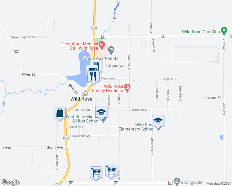 map of restaurants, bars, coffee shops, grocery stores, and more near 422 High Street in Wild Rose