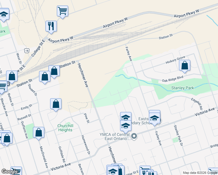 map of restaurants, bars, coffee shops, grocery stores, and more near 58 Lanark Drive in Belleville
