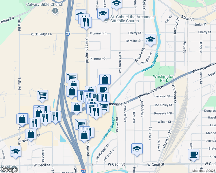 map of restaurants, bars, coffee shops, grocery stores, and more near 1001 South Lake Street in Neenah
