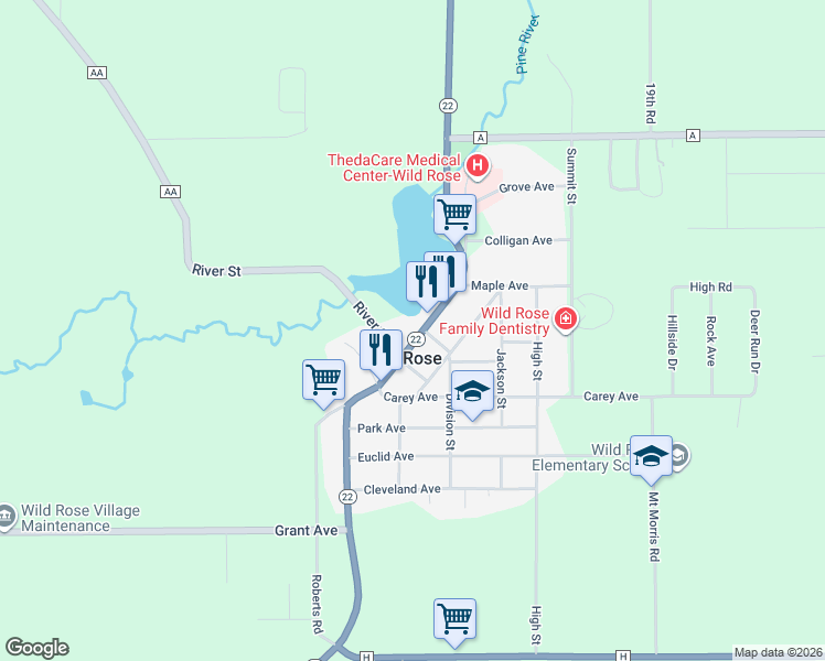 map of restaurants, bars, coffee shops, grocery stores, and more near 500 Main Street in Wild Rose
