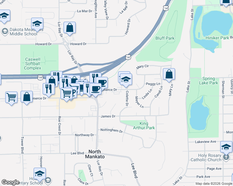 map of restaurants, bars, coffee shops, grocery stores, and more near 1621 Commerce Drive in North Mankato