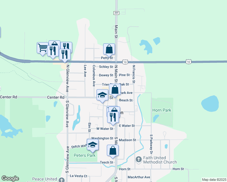 map of restaurants, bars, coffee shops, grocery stores, and more near 327 North Main Street in Brillion