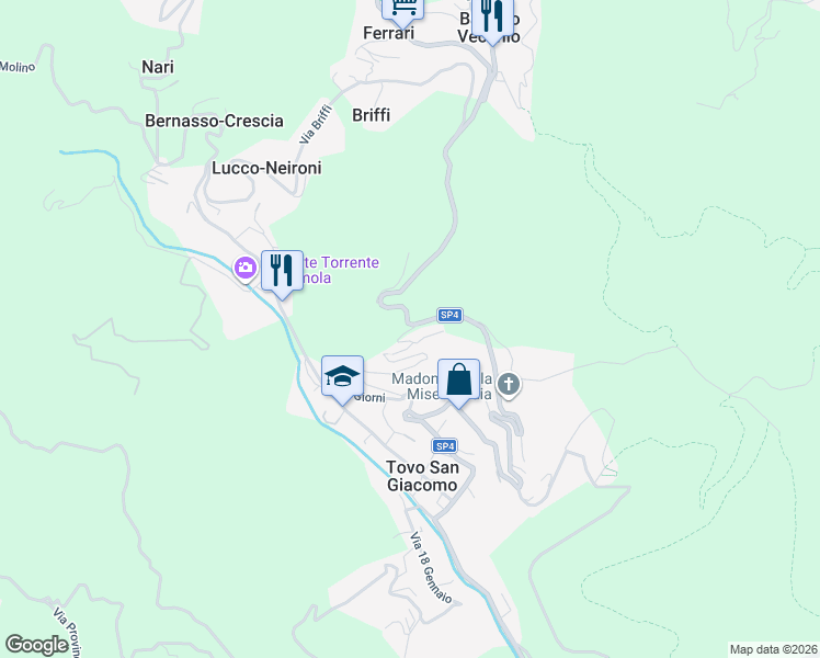 map of restaurants, bars, coffee shops, grocery stores, and more near 4 Via Giorni in Tovo San Giacomo