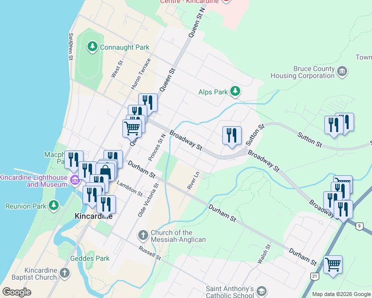 map of restaurants, bars, coffee shops, grocery stores, and more near 409 Wall Street in Kincardine