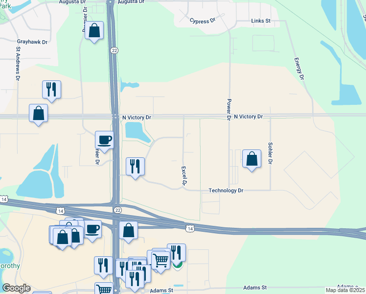 map of restaurants, bars, coffee shops, grocery stores, and more near Excel Drive in Mankato