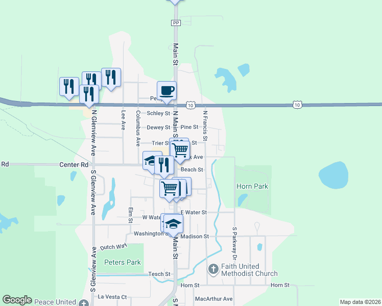 map of restaurants, bars, coffee shops, grocery stores, and more near 118 Park Avenue in Brillion