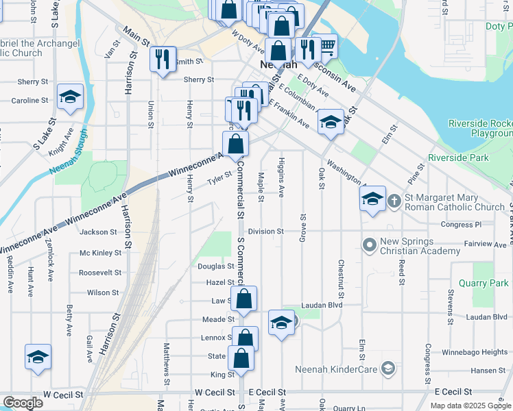 map of restaurants, bars, coffee shops, grocery stores, and more near 609 Maple Street in Neenah