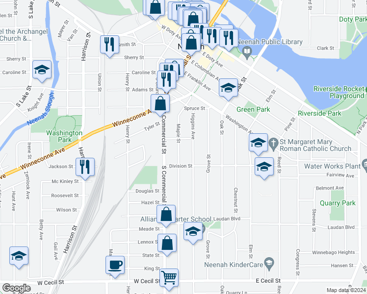map of restaurants, bars, coffee shops, grocery stores, and more near 609 Maple Street in Neenah