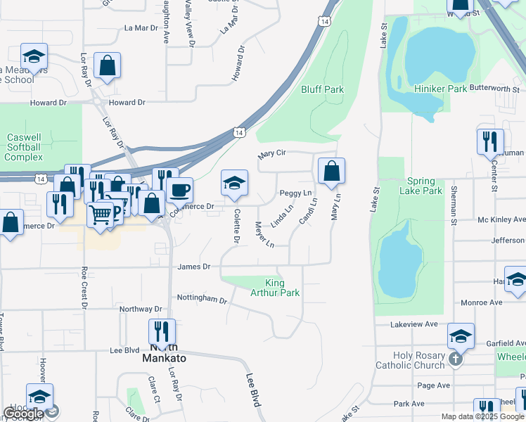 map of restaurants, bars, coffee shops, grocery stores, and more near 1568 Meyer Lane in North Mankato