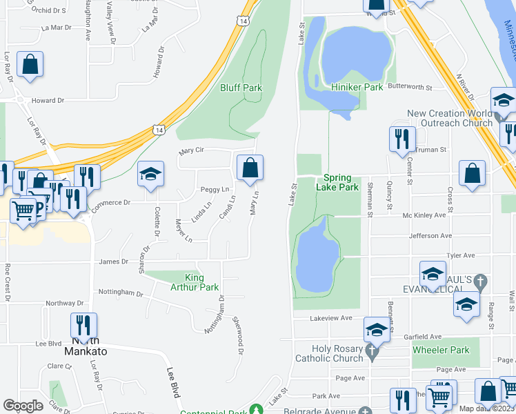 map of restaurants, bars, coffee shops, grocery stores, and more near 1728 Mary Lane in North Mankato
