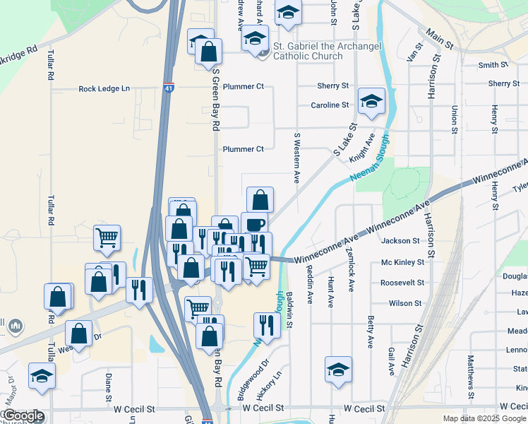 map of restaurants, bars, coffee shops, grocery stores, and more near 1001 South Lake Street in Neenah