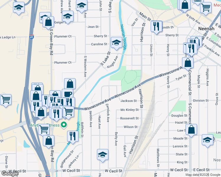 map of restaurants, bars, coffee shops, grocery stores, and more near 116 Jule Street in Neenah