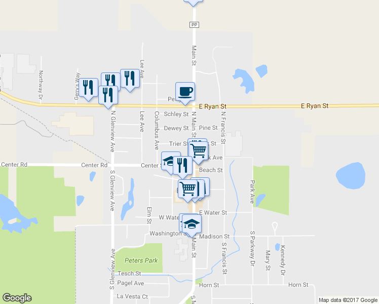map of restaurants, bars, coffee shops, grocery stores, and more near 327 N Main St in Brillion