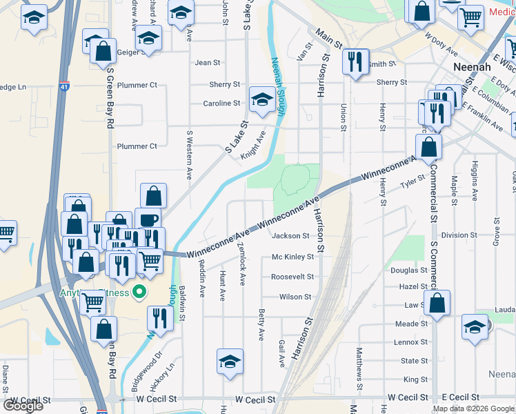 map of restaurants, bars, coffee shops, grocery stores, and more near 116 Jule Street in Neenah