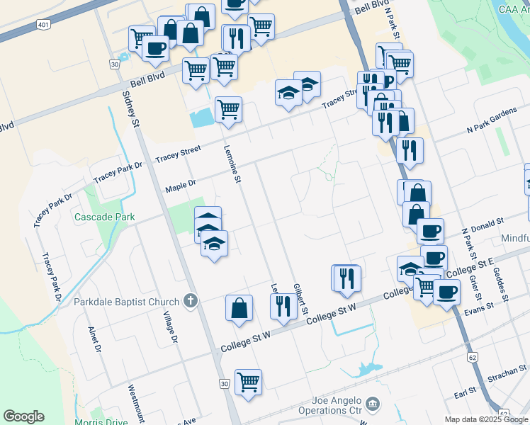 map of restaurants, bars, coffee shops, grocery stores, and more near 90 Gilbert Street in Belleville