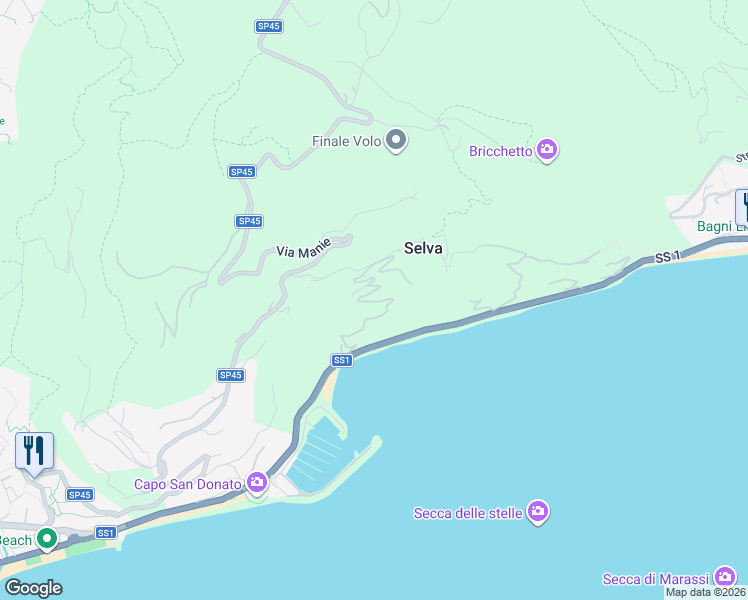 map of restaurants, bars, coffee shops, grocery stores, and more near Strada Statale 1 in Provincia di Savona