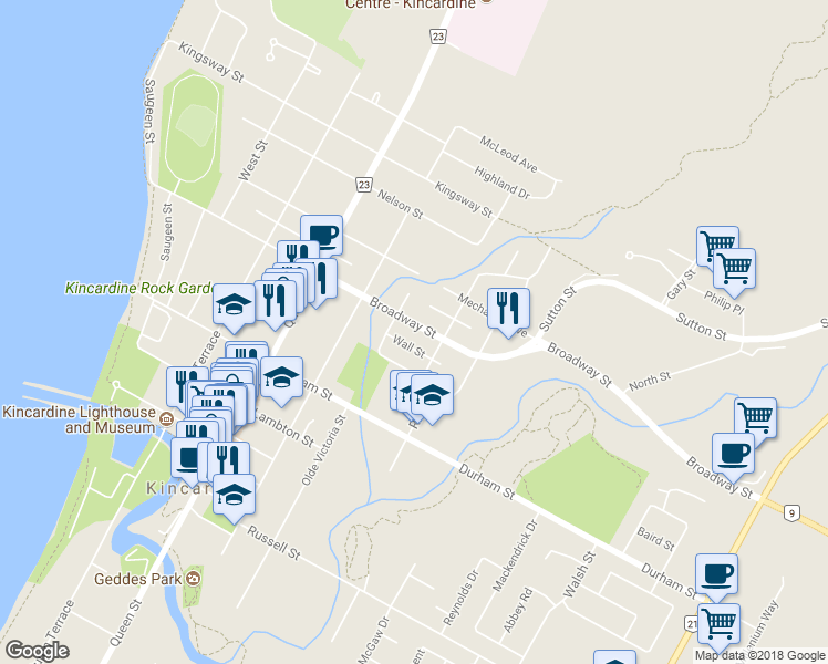 map of restaurants, bars, coffee shops, grocery stores, and more near 414 Broadway Street in Kincardine