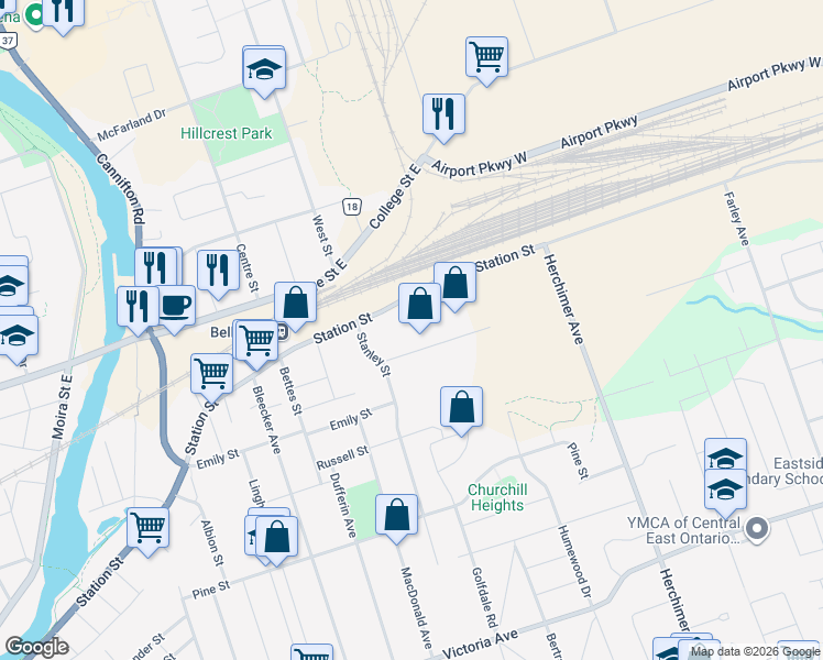 map of restaurants, bars, coffee shops, grocery stores, and more near 299 Station Street in Belleville
