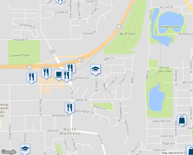 map of restaurants, bars, coffee shops, grocery stores, and more near 1607 Commerce Drive in North Mankato