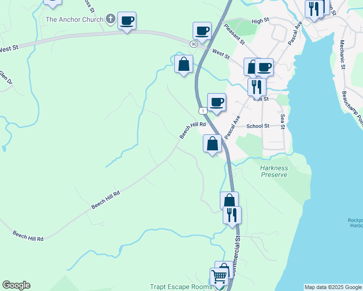 map of restaurants, bars, coffee shops, grocery stores, and more near 38 Beech Hill Road in Rockport