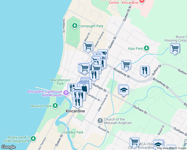 map of restaurants, bars, coffee shops, grocery stores, and more near 910B Queen Street in Kincardine