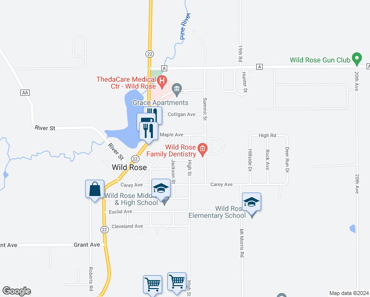 map of restaurants, bars, coffee shops, grocery stores, and more near 422 High Street in Wild Rose
