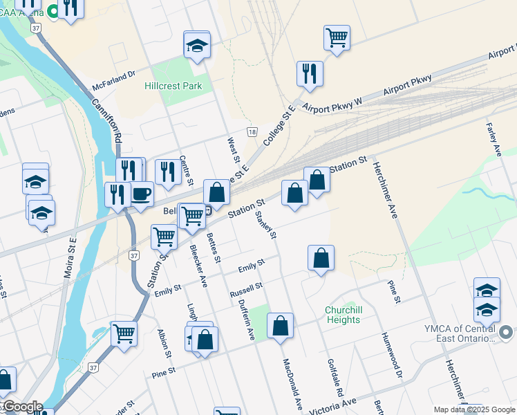 map of restaurants, bars, coffee shops, grocery stores, and more near 201 Stanley Street in Belleville