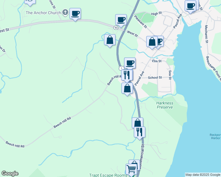 map of restaurants, bars, coffee shops, grocery stores, and more near 38 Beech Hill Road in Rockport
