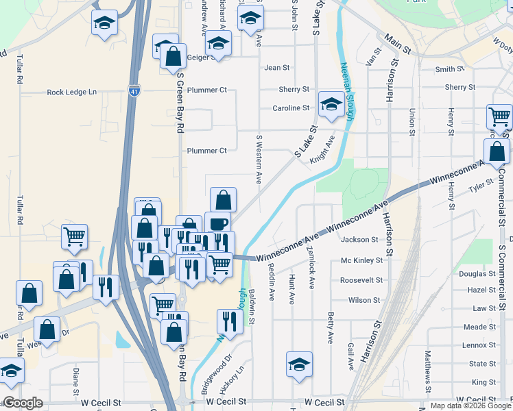 map of restaurants, bars, coffee shops, grocery stores, and more near 671 South Western Avenue in Neenah