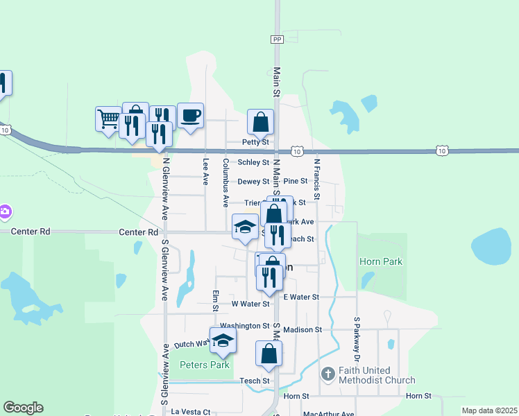 map of restaurants, bars, coffee shops, grocery stores, and more near 327 North Main Street in Brillion