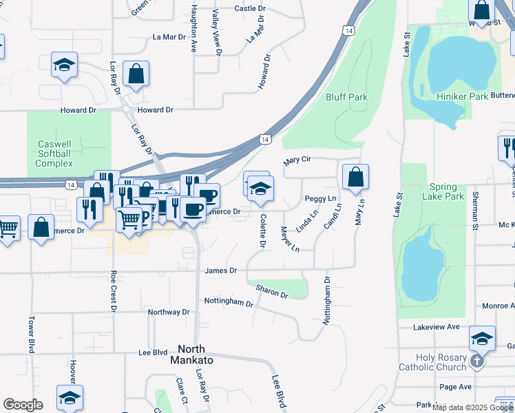 map of restaurants, bars, coffee shops, grocery stores, and more near 1610 Commerce Drive in North Mankato