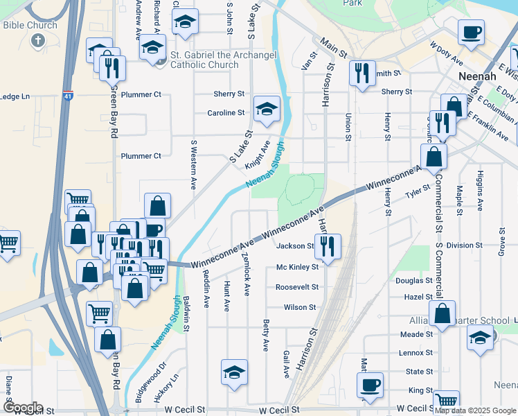 map of restaurants, bars, coffee shops, grocery stores, and more near 212 Lorraine Avenue in Neenah