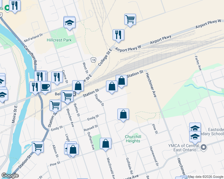 map of restaurants, bars, coffee shops, grocery stores, and more near 299 Station Street in Belleville