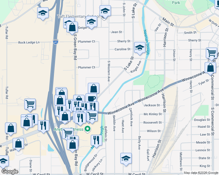 map of restaurants, bars, coffee shops, grocery stores, and more near 634 South Lake Street in Neenah