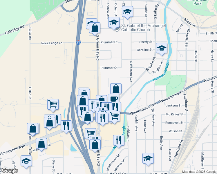 map of restaurants, bars, coffee shops, grocery stores, and more near 698 Greenfield Street in Neenah