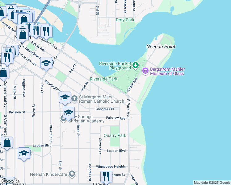 map of restaurants, bars, coffee shops, grocery stores, and more near 579 East Wisconsin Avenue in Neenah