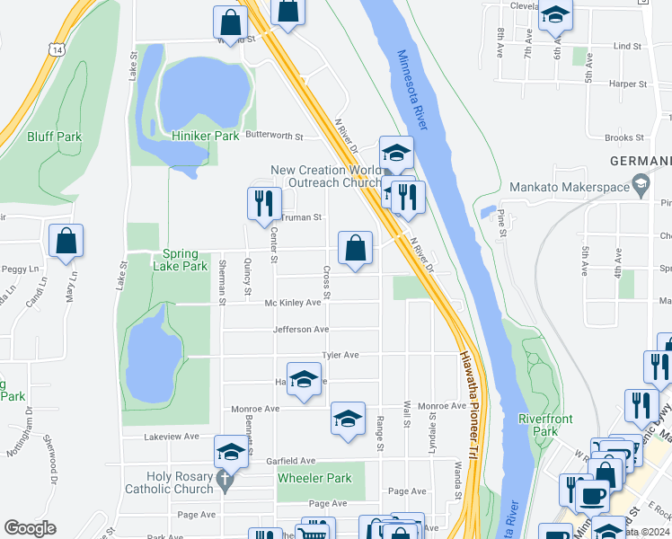 map of restaurants, bars, coffee shops, grocery stores, and more near 360 Pierce Avenue in North Mankato