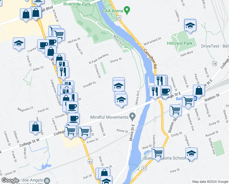 map of restaurants, bars, coffee shops, grocery stores, and more near 34 Prince of Wales Drive in Belleville
