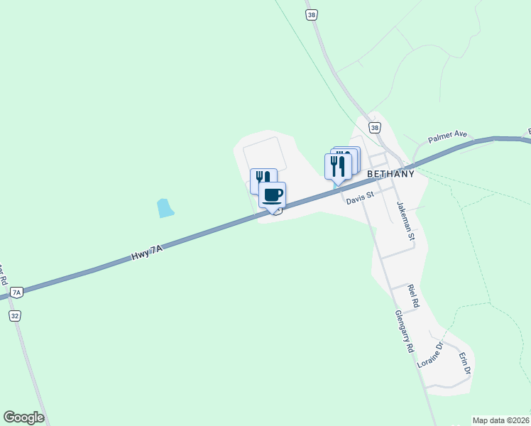 map of restaurants, bars, coffee shops, grocery stores, and more near 1412 Ontario 7A in Kawartha Lakes