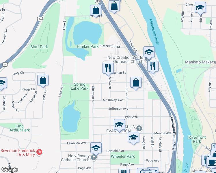 map of restaurants, bars, coffee shops, grocery stores, and more near 1049 Center Street in North Mankato