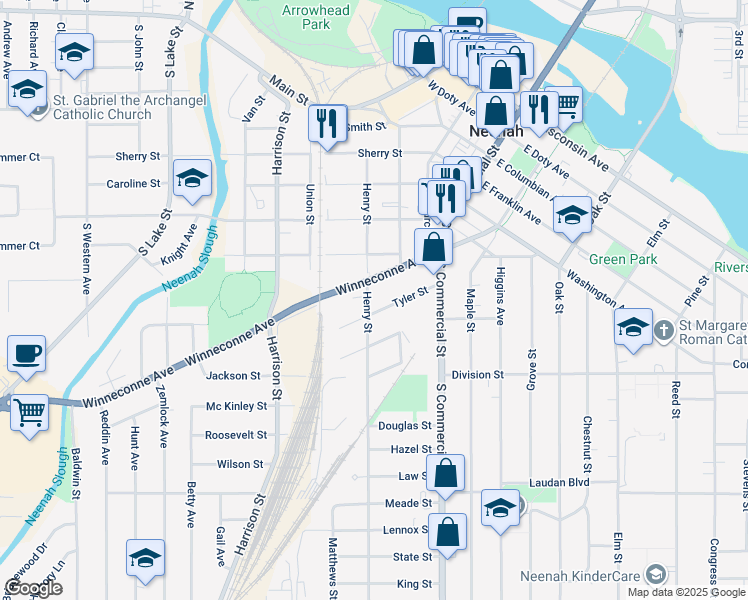 map of restaurants, bars, coffee shops, grocery stores, and more near 404 Winneconne Avenue in Neenah