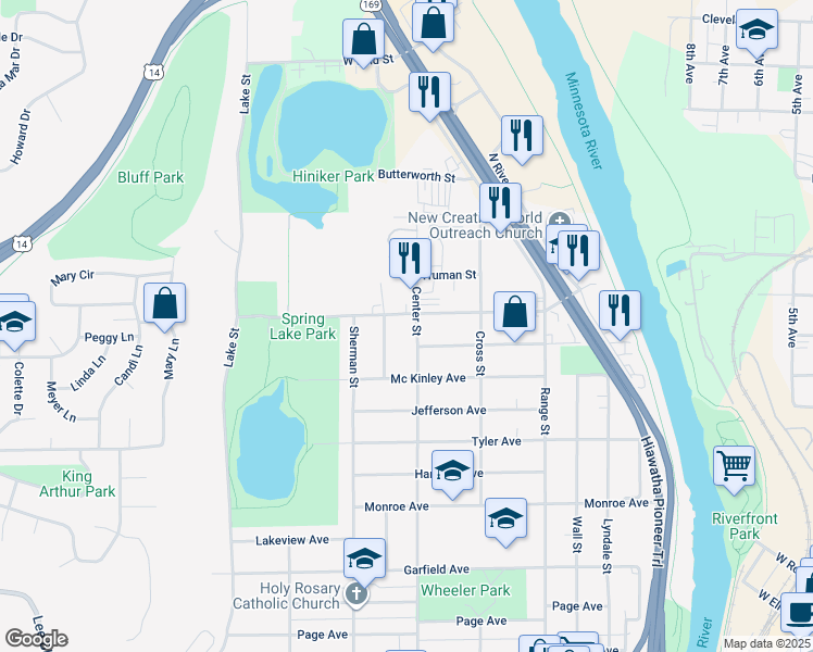 map of restaurants, bars, coffee shops, grocery stores, and more near 514 Webster Avenue in North Mankato