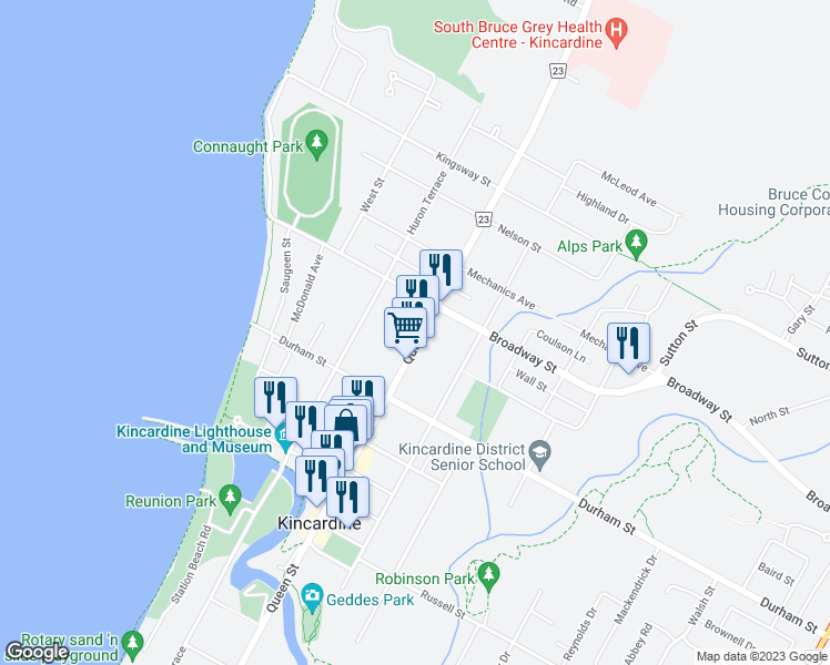 map of restaurants, bars, coffee shops, grocery stores, and more near 944 Queen Street in Kincardine