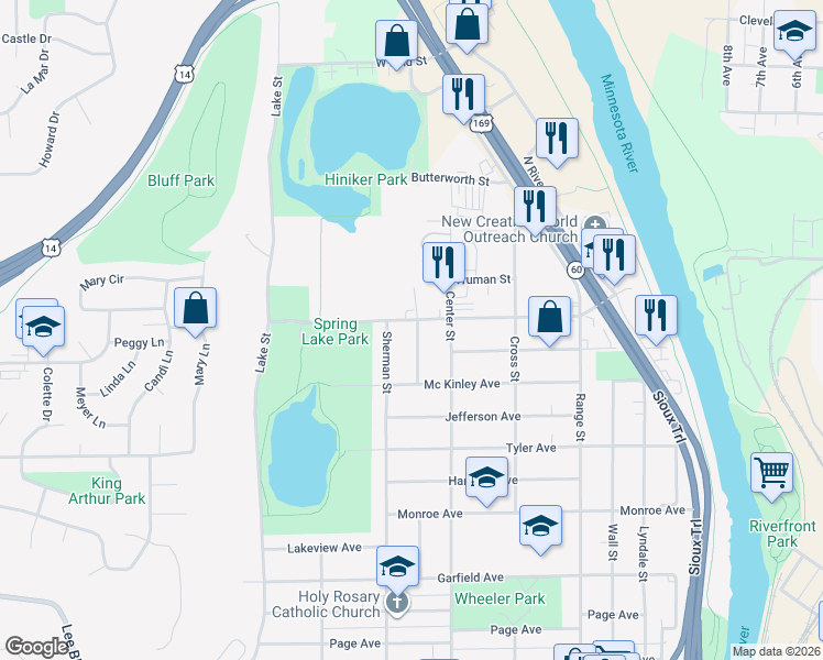 map of restaurants, bars, coffee shops, grocery stores, and more near 552 Webster Avenue in North Mankato
