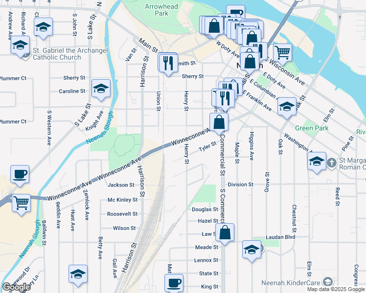 map of restaurants, bars, coffee shops, grocery stores, and more near 404 Winneconne Avenue in Neenah