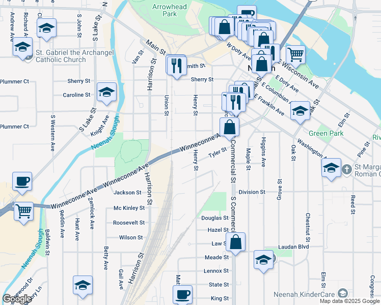 map of restaurants, bars, coffee shops, grocery stores, and more near 404 Winneconne Avenue in Neenah
