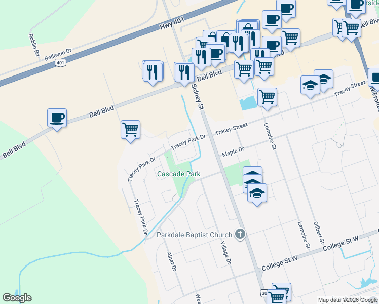 map of restaurants, bars, coffee shops, grocery stores, and more near 17 Tracey Park Drive in Belleville