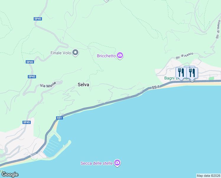 map of restaurants, bars, coffee shops, grocery stores, and more near 14 Strada della Selva in Finale Ligure